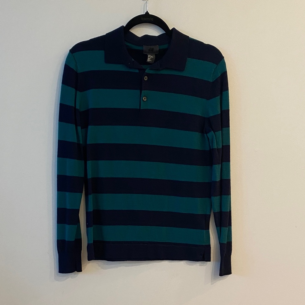 H&M Men's Casual Striped Shirt - Navy and Teal
